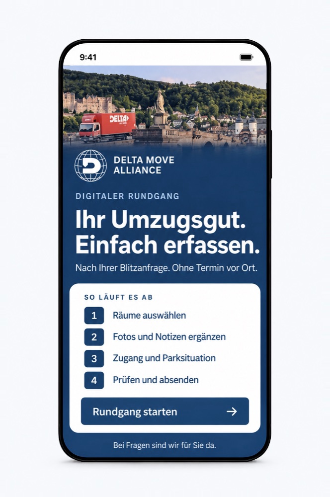 Vorschau des digitalen Rundgangs der DELTA MOVE Alliance am Smartphone: Räume, Fotos und Zugänge erfassen
