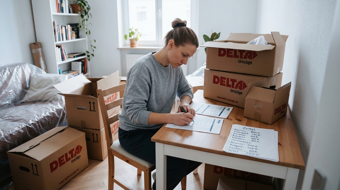 Eine Person packt Umzugskartons in einer kleinen Wohnung und notiert Budgetposten auf einer Checkliste, daneben ein Zettel mit Euro-Beträgen für den bevorstehenden Umzug. · KI-generiert